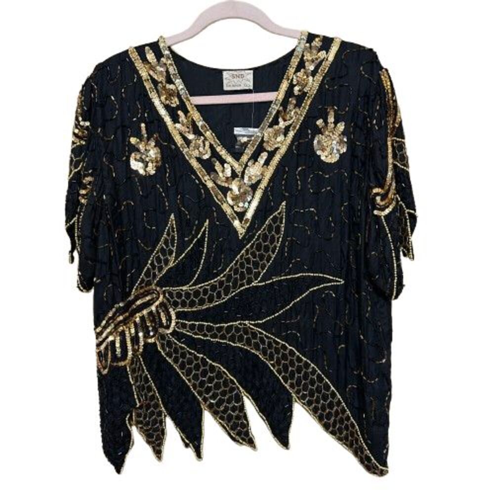VTG SND 100% Silk Top Womens Large Black Gold Sequin Beaded 80s Glam Art Deco